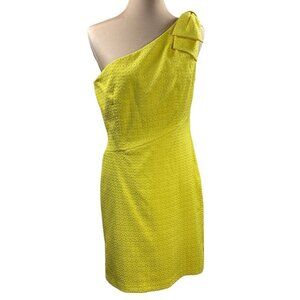 London Times Women's Sheath Dress One Shoulder Bow Bright Yellow Size 12